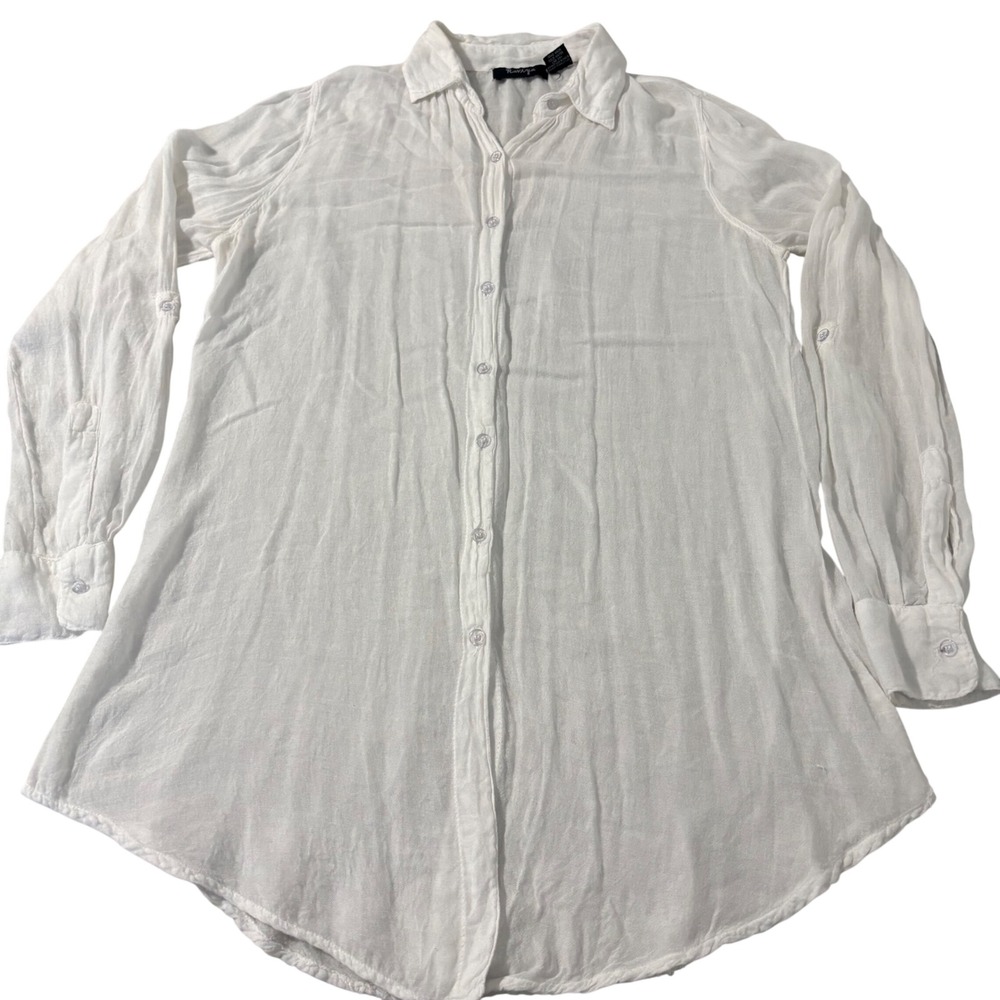 Raviya White Rayon Gauze Button Down Tunic Roll Tab Sleeve Swim Cover Up Small